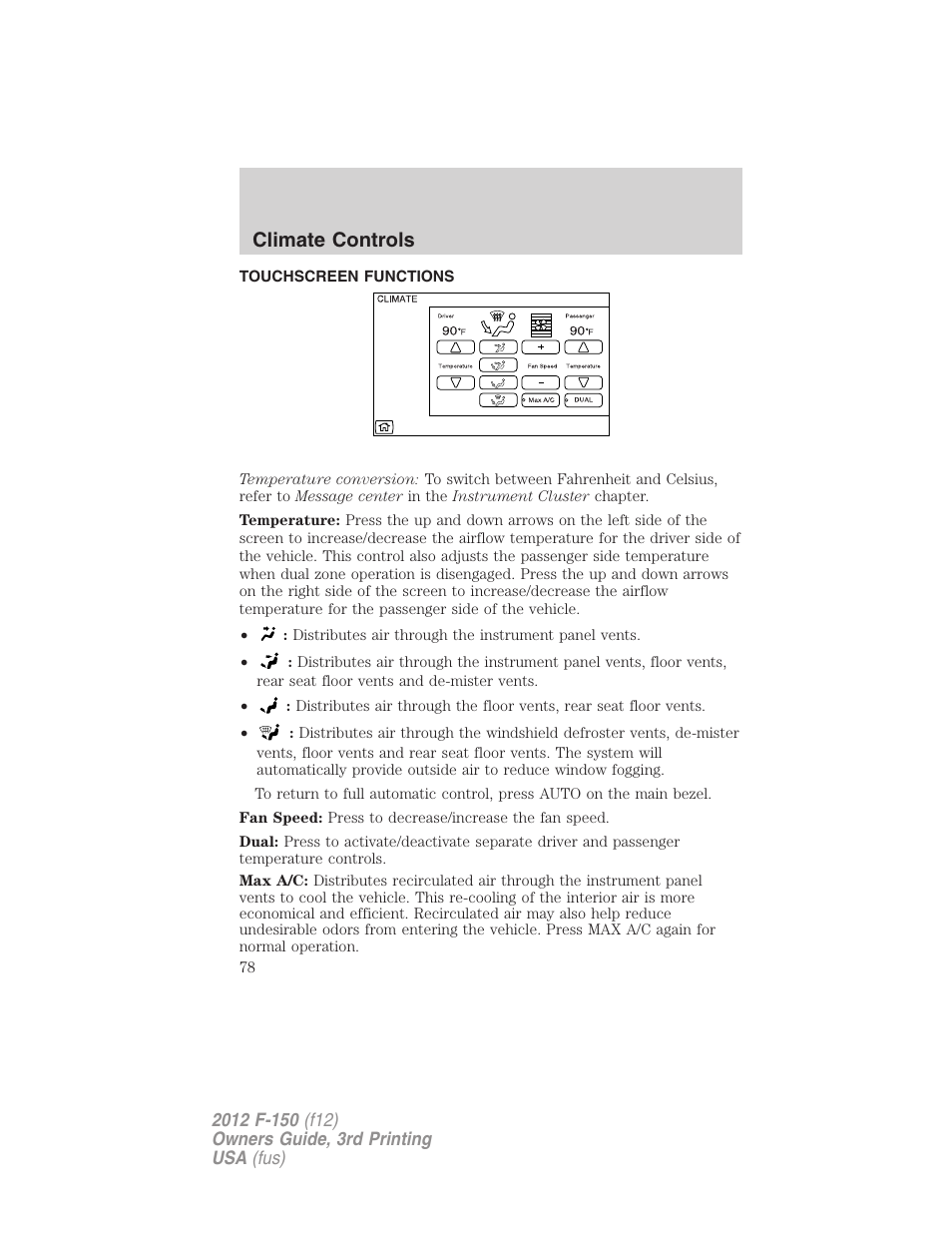 Touchscreen functions, Climate controls | FORD 2012 F-150 Raptor v.3 User Manual | Page 78 / 472