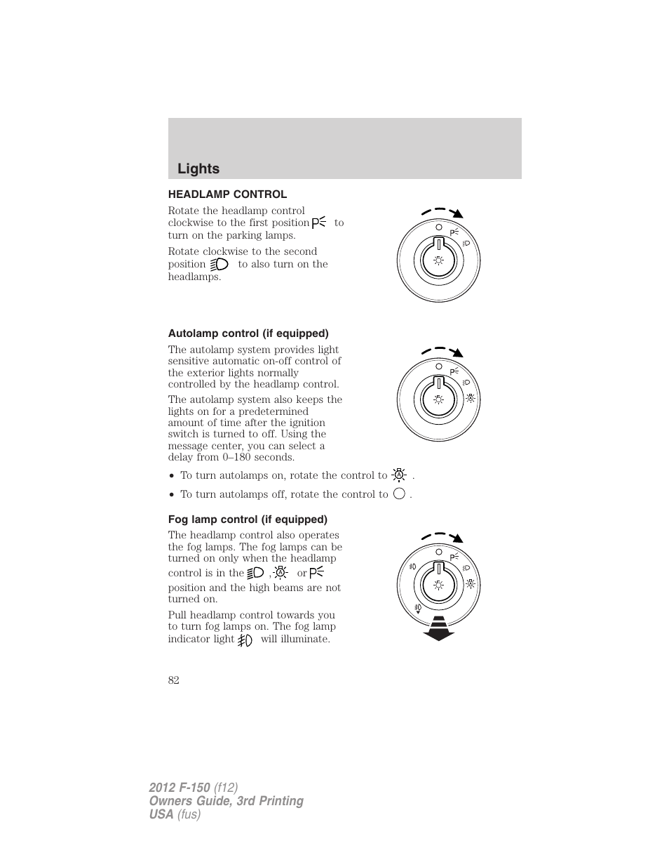 Lights, Headlamp control, Autolamp control (if equipped) | Fog lamp control (if equipped), Headlamps | FORD 2012 F-150 Raptor v.3 User Manual | Page 82 / 472