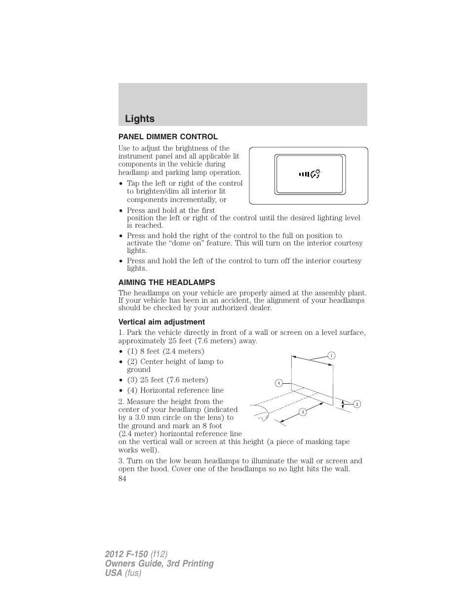 Panel dimmer control, Aiming the headlamps, Vertical aim adjustment | Lights | FORD 2012 F-150 Raptor v.3 User Manual | Page 84 / 472