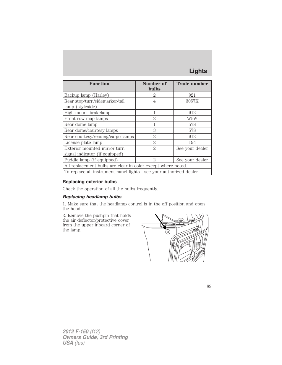 Replacing exterior bulbs, Replacing headlamp bulbs, Lights | FORD 2012 F-150 Raptor v.3 User Manual | Page 89 / 472