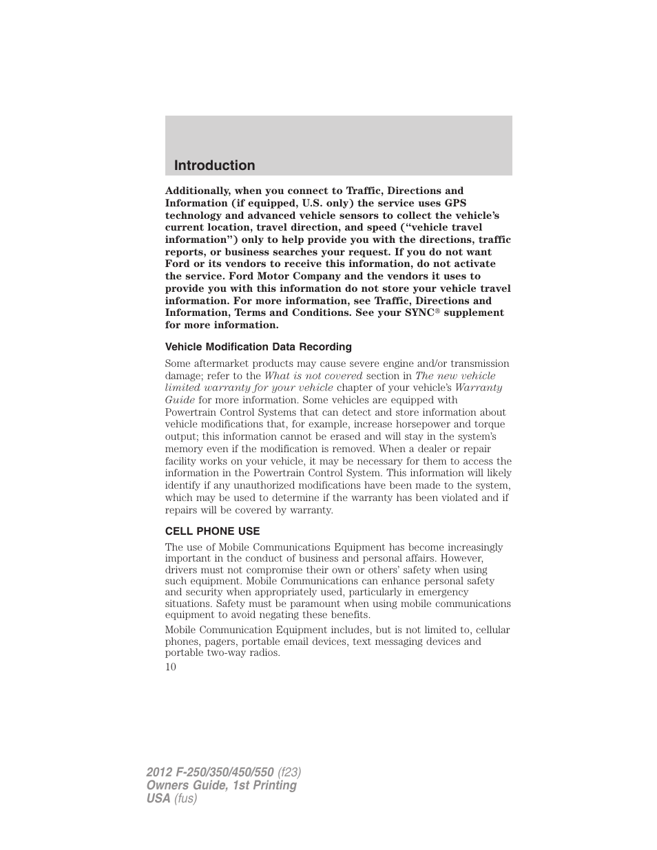 Vehicle modification data recording, Cell phone use, Introduction | FORD 2012 F-550 v.1 User Manual | Page 10 / 454