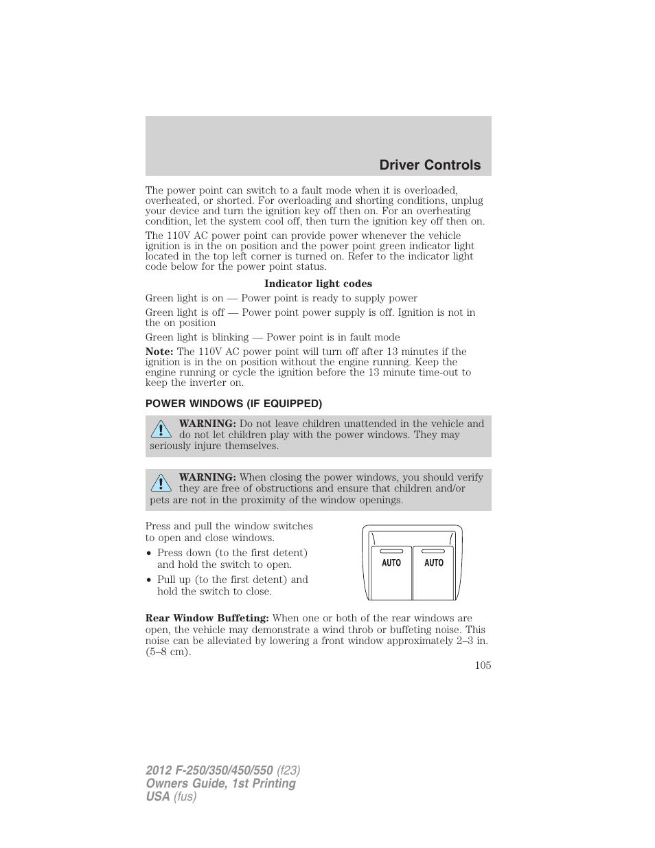Power windows (if equipped), Power windows, Driver controls | FORD 2012 F-550 v.1 User Manual | Page 105 / 454