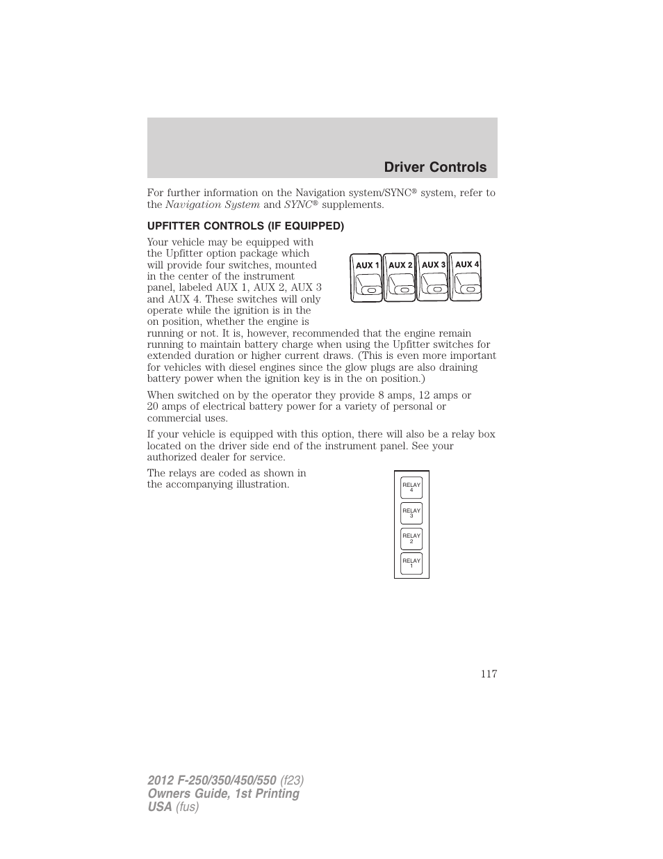 Upfitter controls (if equipped), Upfitter controls, Driver controls | FORD 2012 F-550 v.1 User Manual | Page 117 / 454