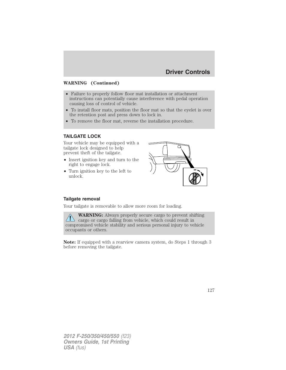 Tailgate lock, Tailgate removal, Driver controls | FORD 2012 F-550 v.1 User Manual | Page 127 / 454