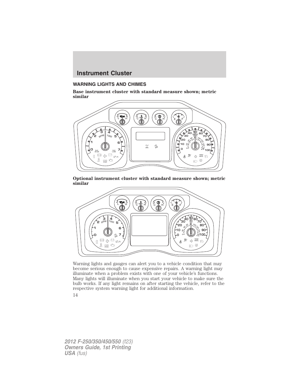 Instrument cluster, Warning lights and chimes | FORD 2012 F-550 v.1 User Manual | Page 14 / 454