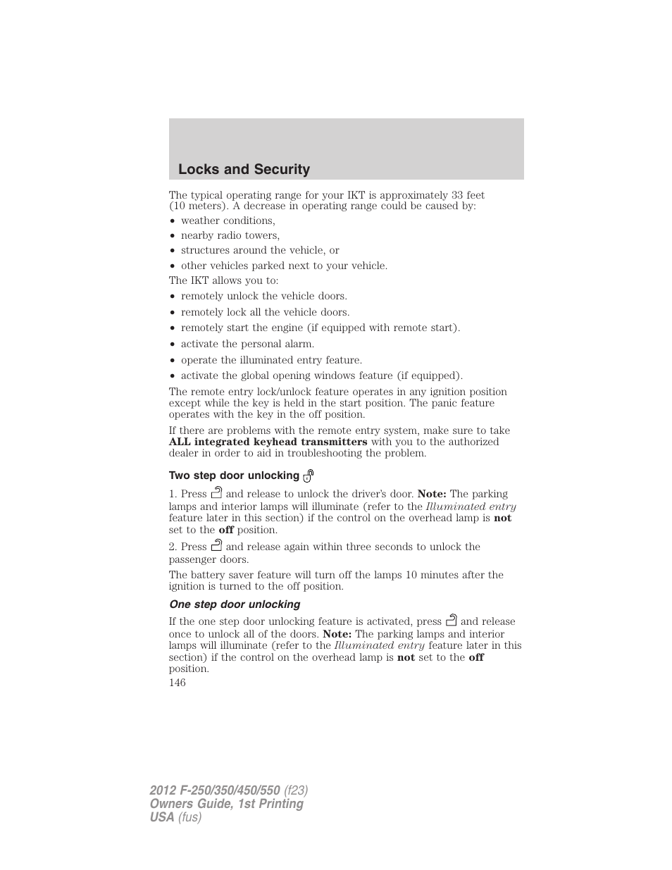 Two step door unlocking, One step door unlocking, Locks and security | FORD 2012 F-550 v.1 User Manual | Page 146 / 454