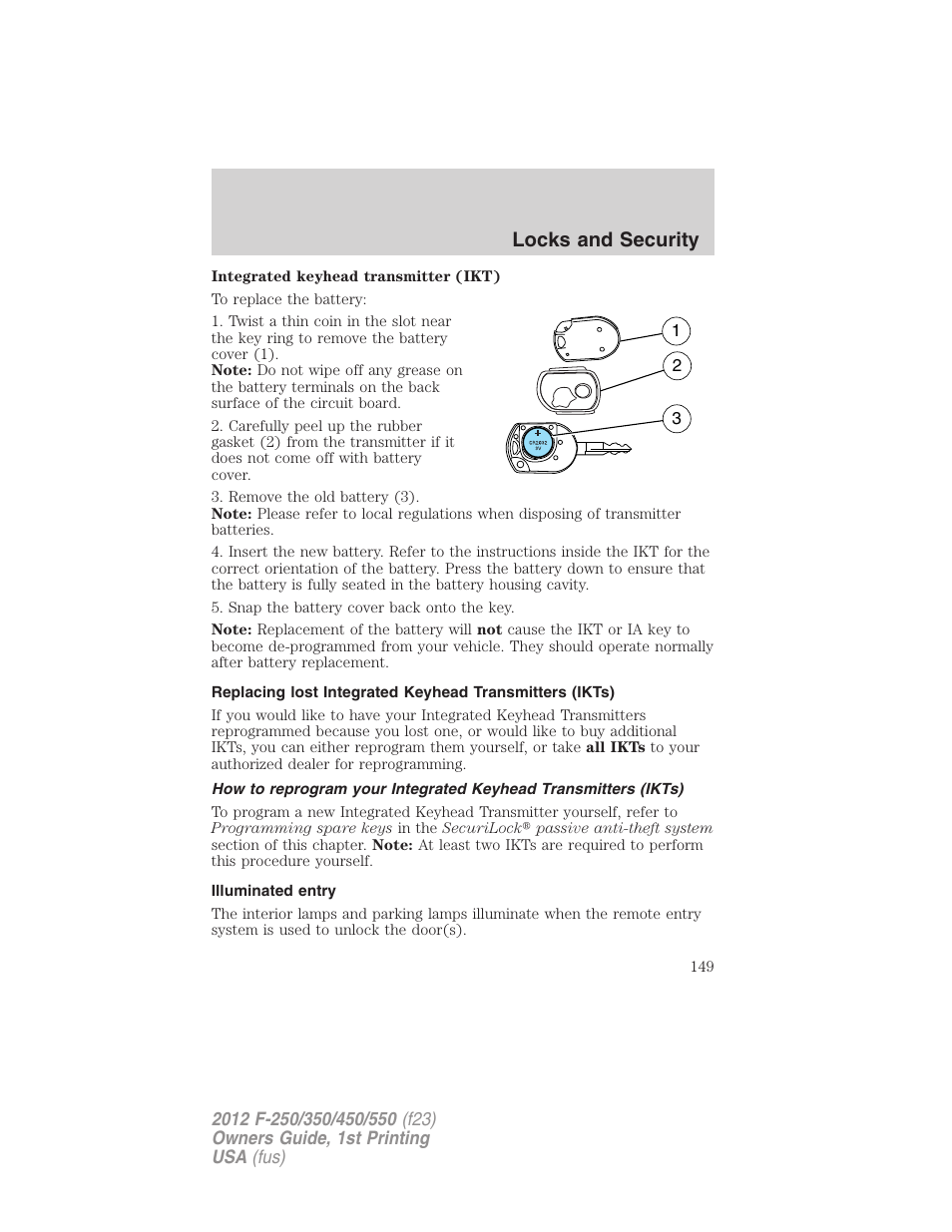 Illuminated entry, Locks and security | FORD 2012 F-550 v.1 User Manual | Page 149 / 454