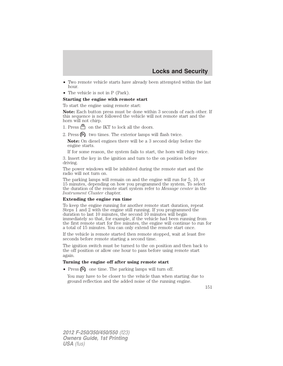 Locks and security | FORD 2012 F-550 v.1 User Manual | Page 151 / 454