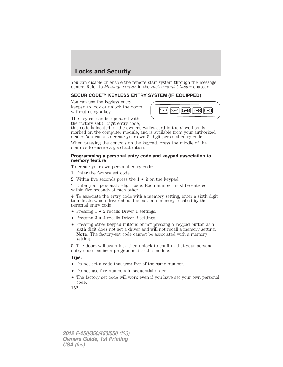 Securicode™ keyless entry system (if equipped), Locks and security | FORD 2012 F-550 v.1 User Manual | Page 152 / 454