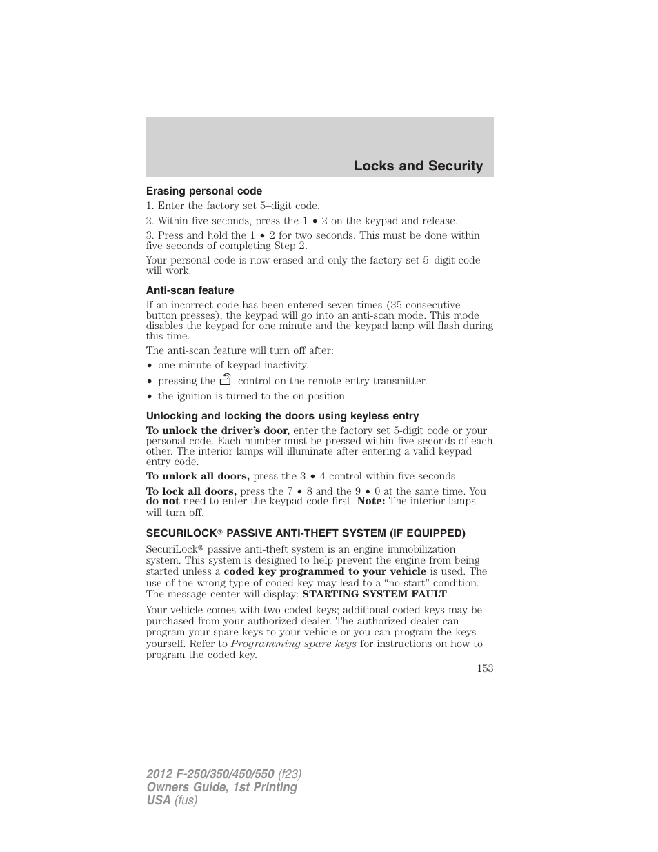 Erasing personal code, Anti-scan feature, Securilock passive anti-theft system (if equipped) | Anti-theft system, Locks and security | FORD 2012 F-550 v.1 User Manual | Page 153 / 454