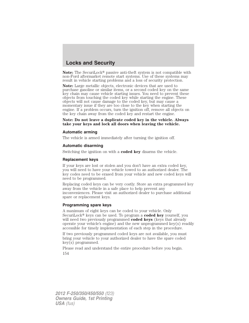 Automatic arming, Automatic disarming, Replacement keys | Programming spare keys, Locks and security | FORD 2012 F-550 v.1 User Manual | Page 154 / 454