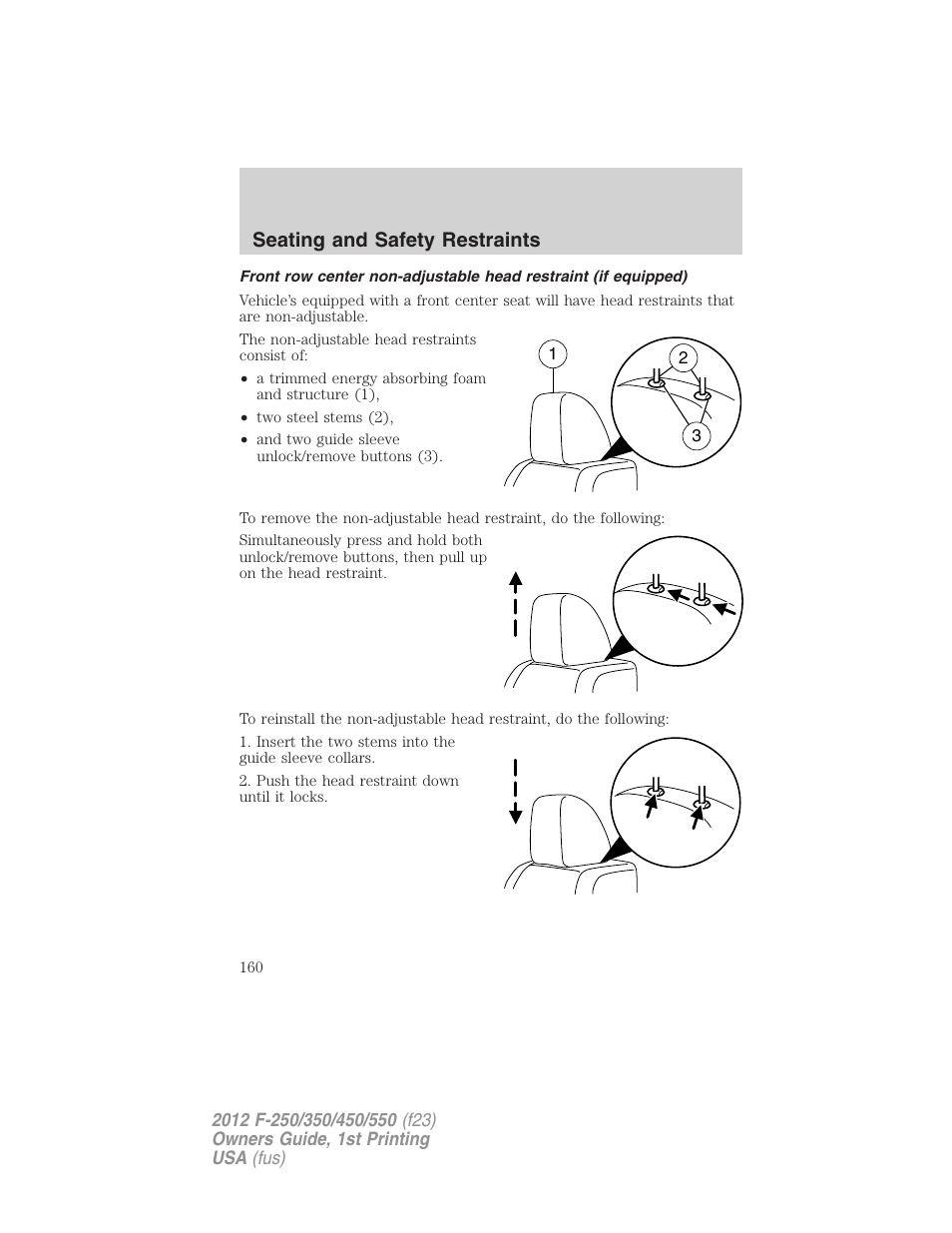 Seating and safety restraints | FORD 2012 F-550 v.1 User Manual | Page 160 / 454