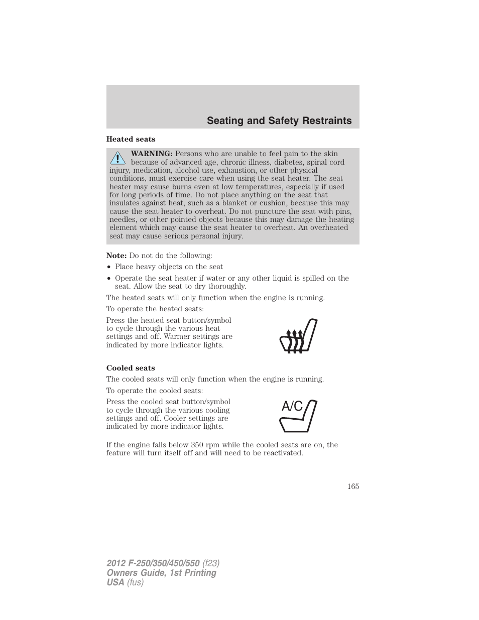 Seating and safety restraints | FORD 2012 F-550 v.1 User Manual | Page 165 / 454