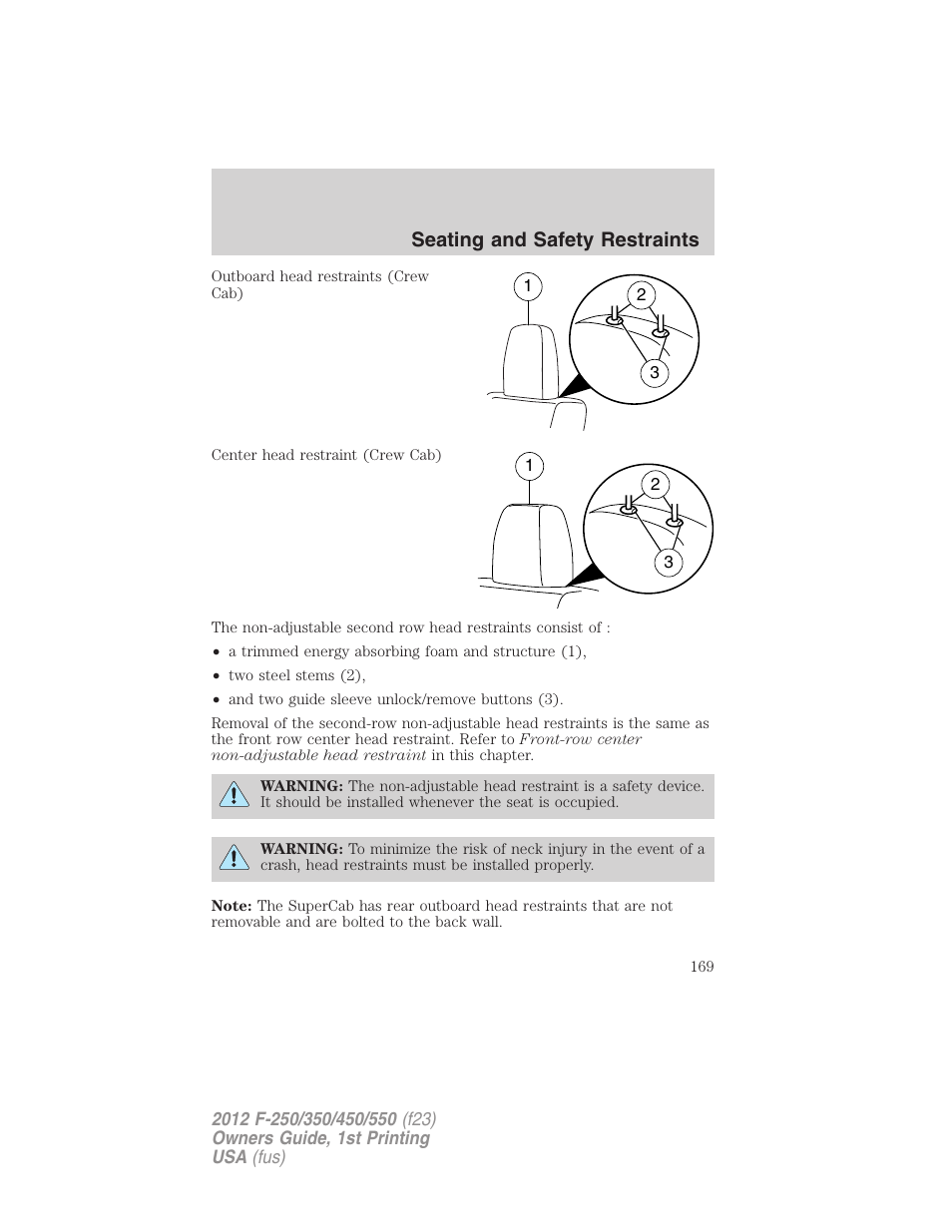 Seating and safety restraints | FORD 2012 F-550 v.1 User Manual | Page 169 / 454