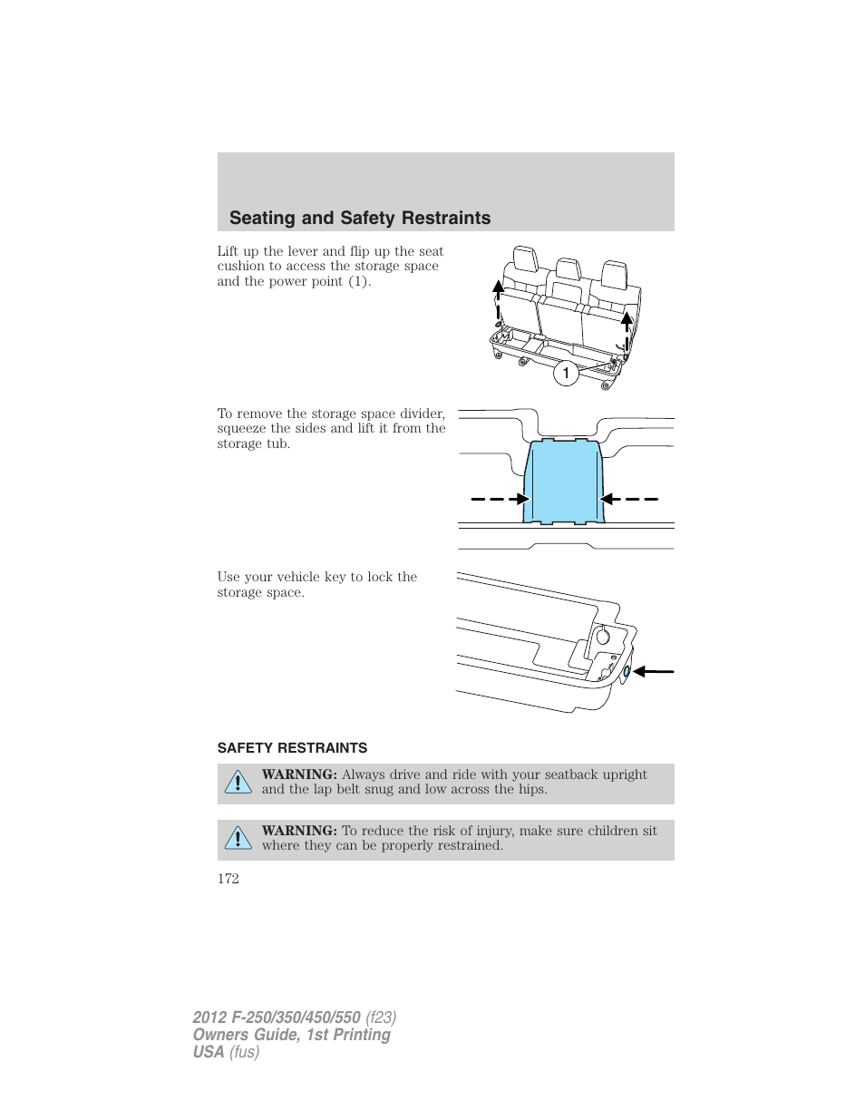 Safety restraints, Seating and safety restraints | FORD 2012 F-550 v.1 User Manual | Page 172 / 454