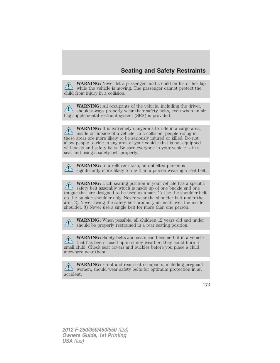 Seating and safety restraints | FORD 2012 F-550 v.1 User Manual | Page 173 / 454