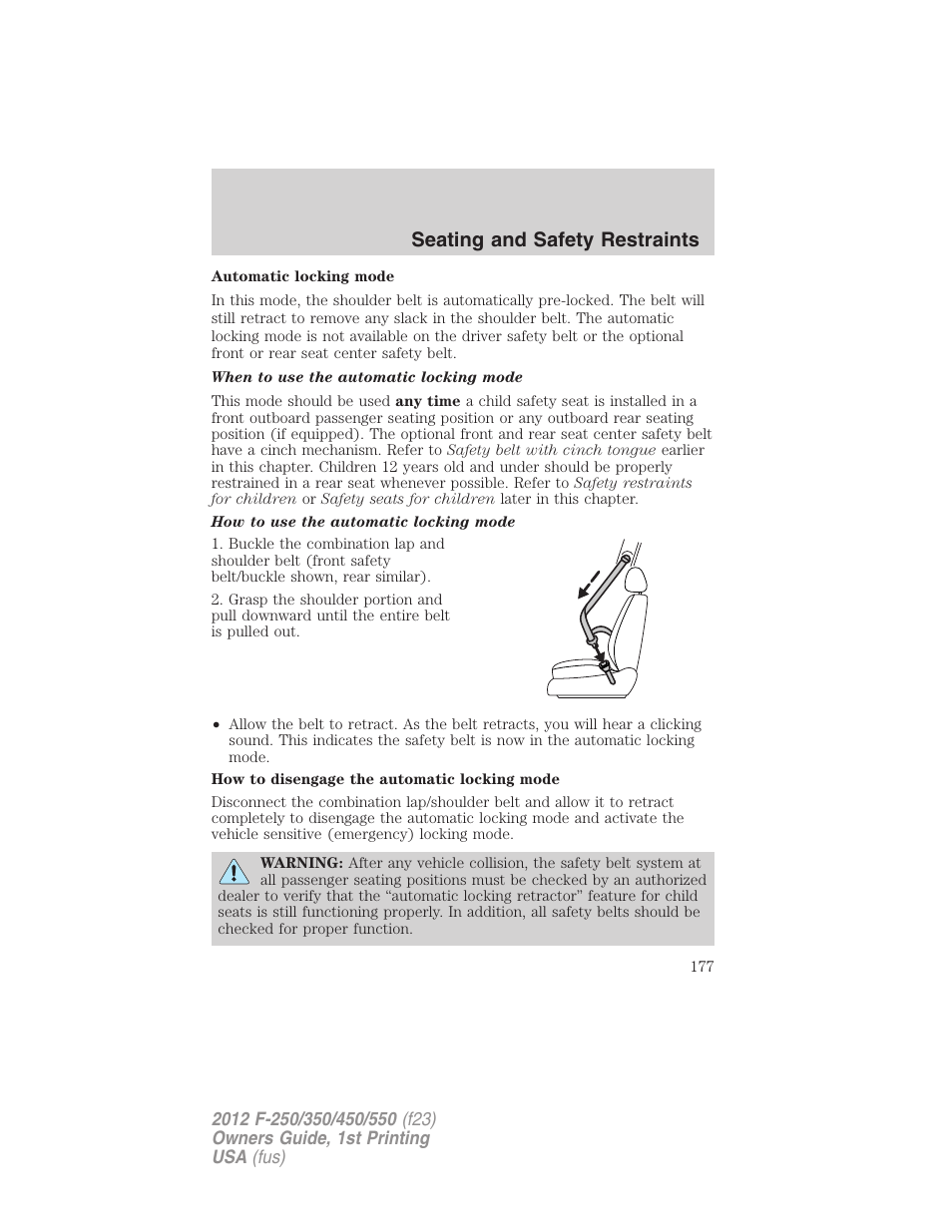 Seating and safety restraints | FORD 2012 F-550 v.1 User Manual | Page 177 / 454