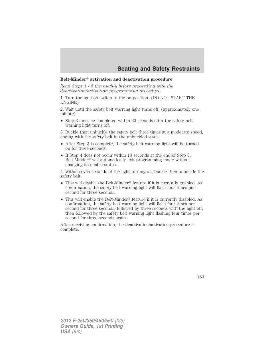 Seating and safety restraints | FORD 2012 F-550 v.1 User Manual | Page 183 / 454