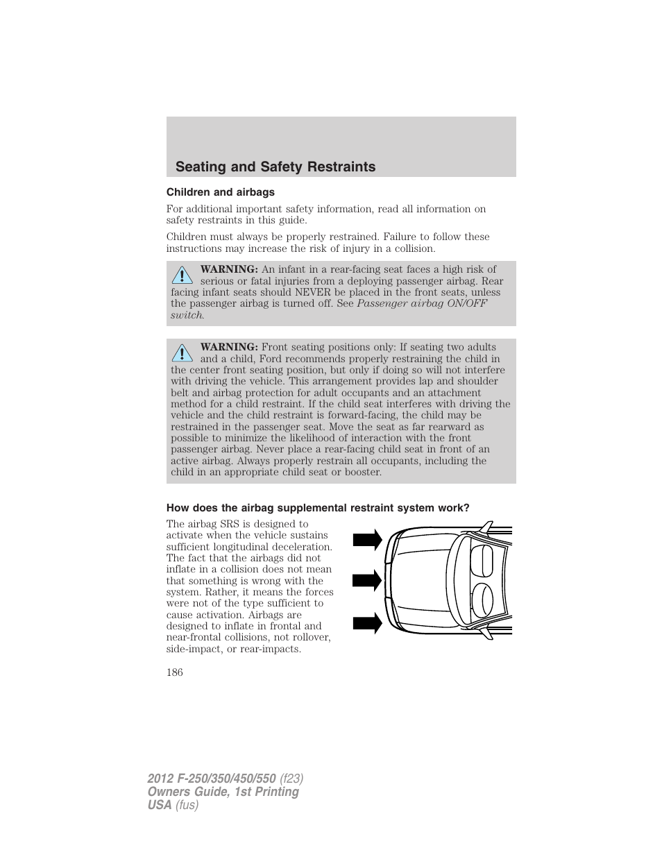 Children and airbags, Seating and safety restraints | FORD 2012 F-550 v.1 User Manual | Page 186 / 454