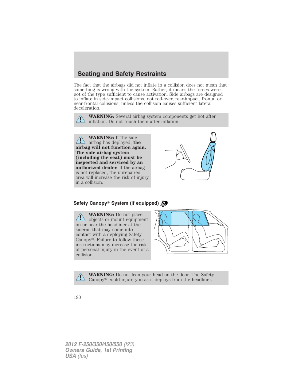 Safety canopy system (if equipped), Seating and safety restraints | FORD 2012 F-550 v.1 User Manual | Page 190 / 454
