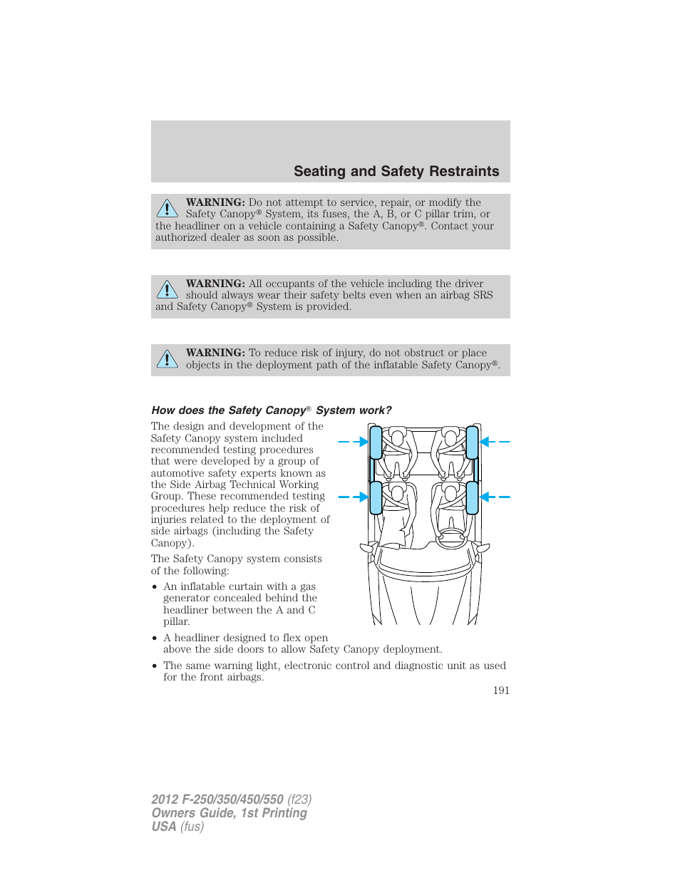 How does the safety canopy system work, Seating and safety restraints | FORD 2012 F-550 v.1 User Manual | Page 191 / 454