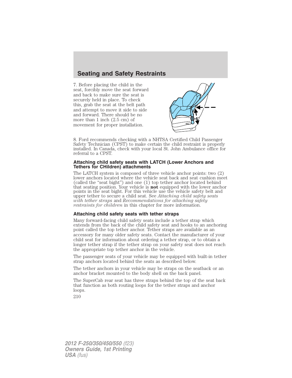 Attaching child safety seats with tether straps, Seating and safety restraints | FORD 2012 F-550 v.1 User Manual | Page 210 / 454