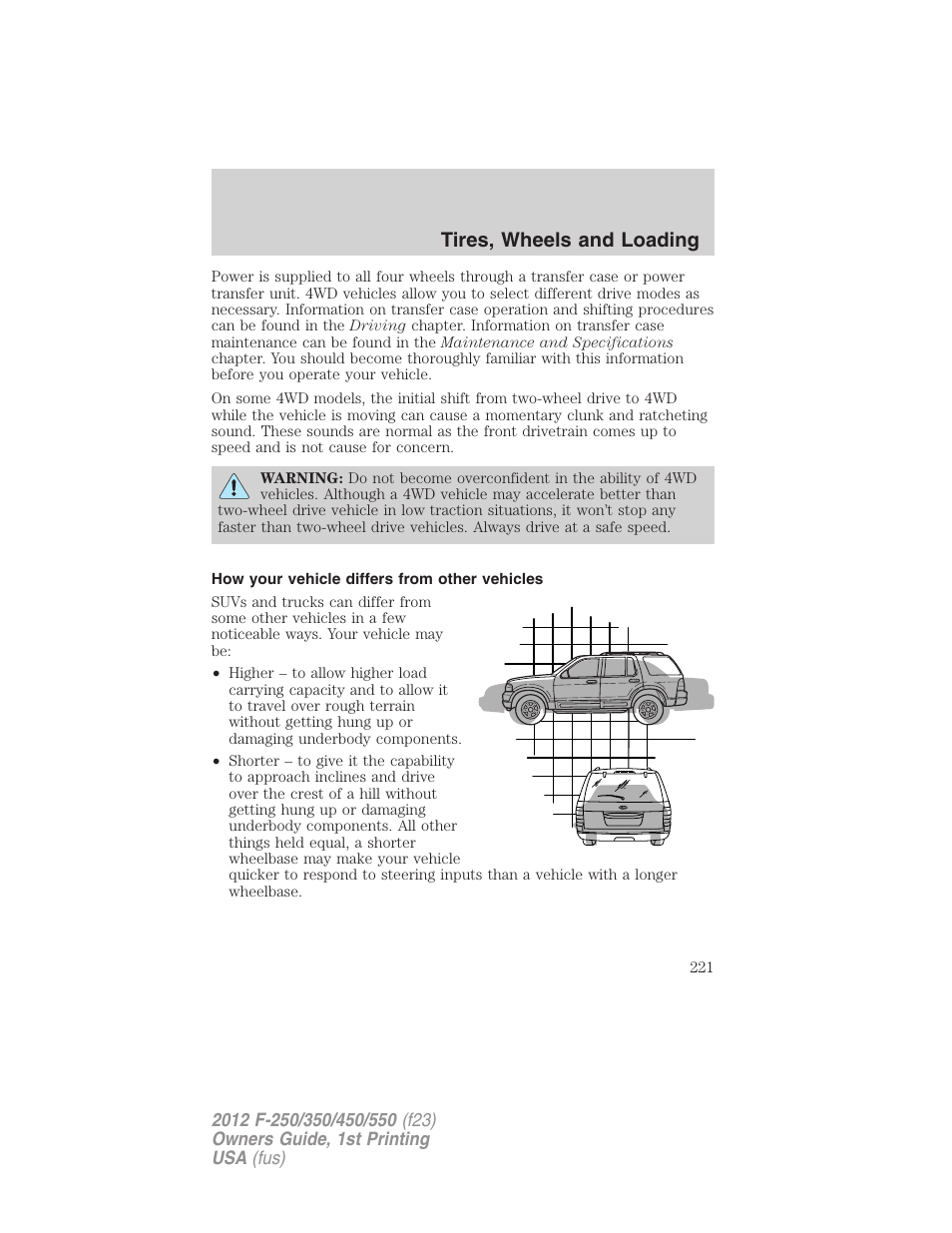 How your vehicle differs from other vehicles, Tires, wheels and loading | FORD 2012 F-550 v.1 User Manual | Page 221 / 454