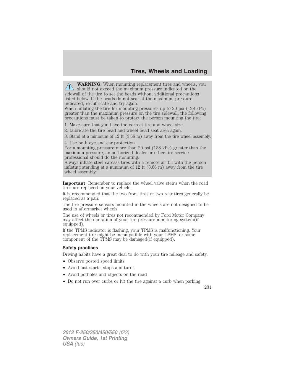 Safety practices, Tires, wheels and loading | FORD 2012 F-550 v.1 User Manual | Page 231 / 454