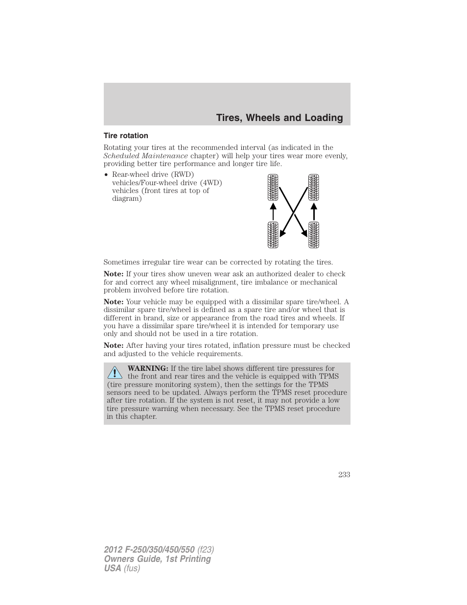 Tire rotation, Tires, wheels and loading | FORD 2012 F-550 v.1 User Manual | Page 233 / 454