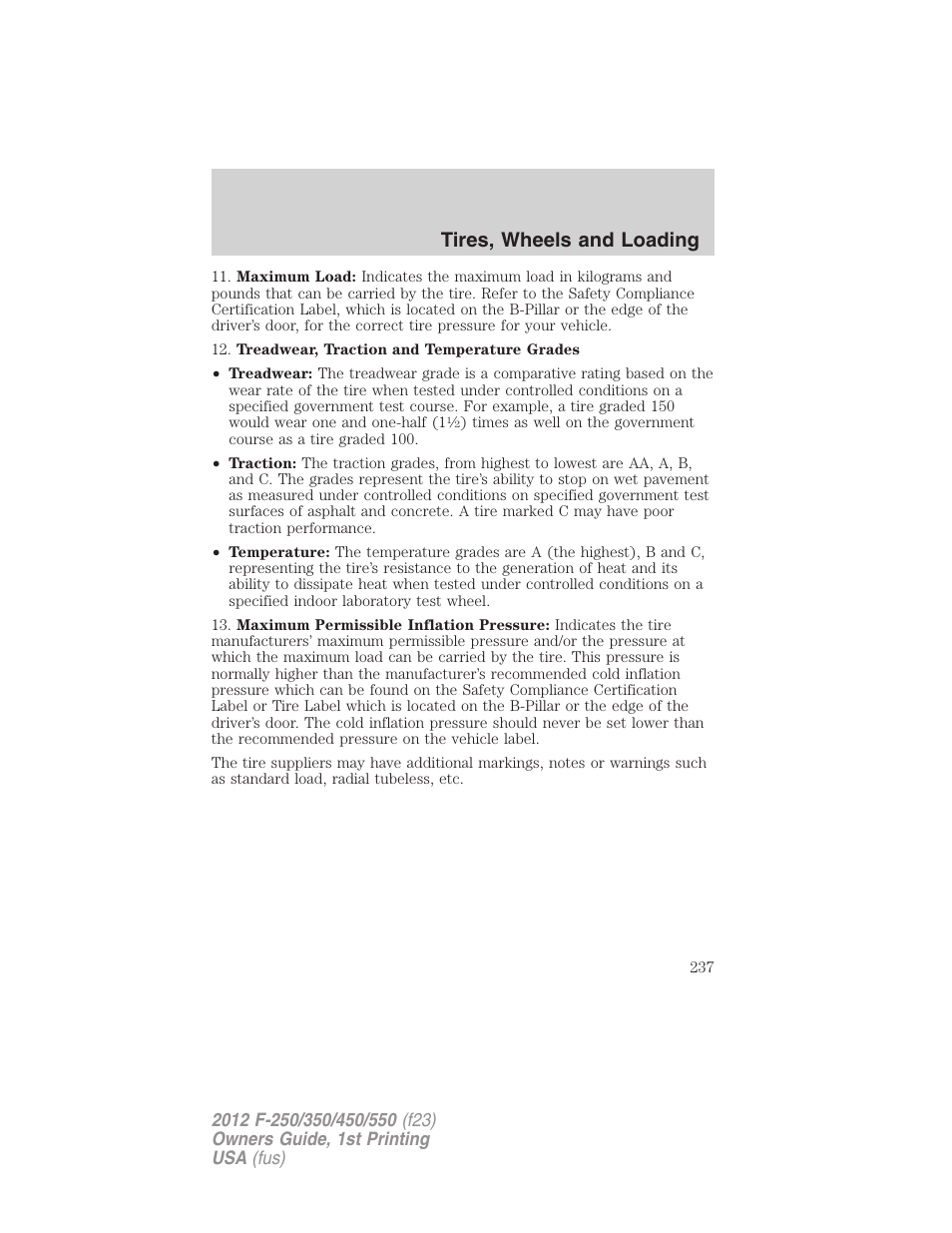 Tires, wheels and loading | FORD 2012 F-550 v.1 User Manual | Page 237 / 454