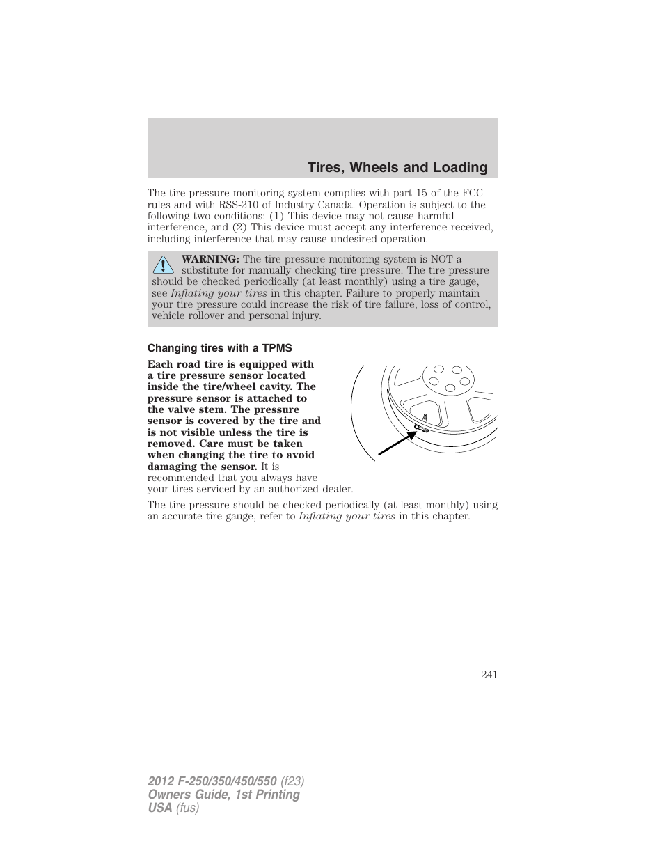 Changing tires with a tpms, Tires, wheels and loading | FORD 2012 F-550 v.1 User Manual | Page 241 / 454