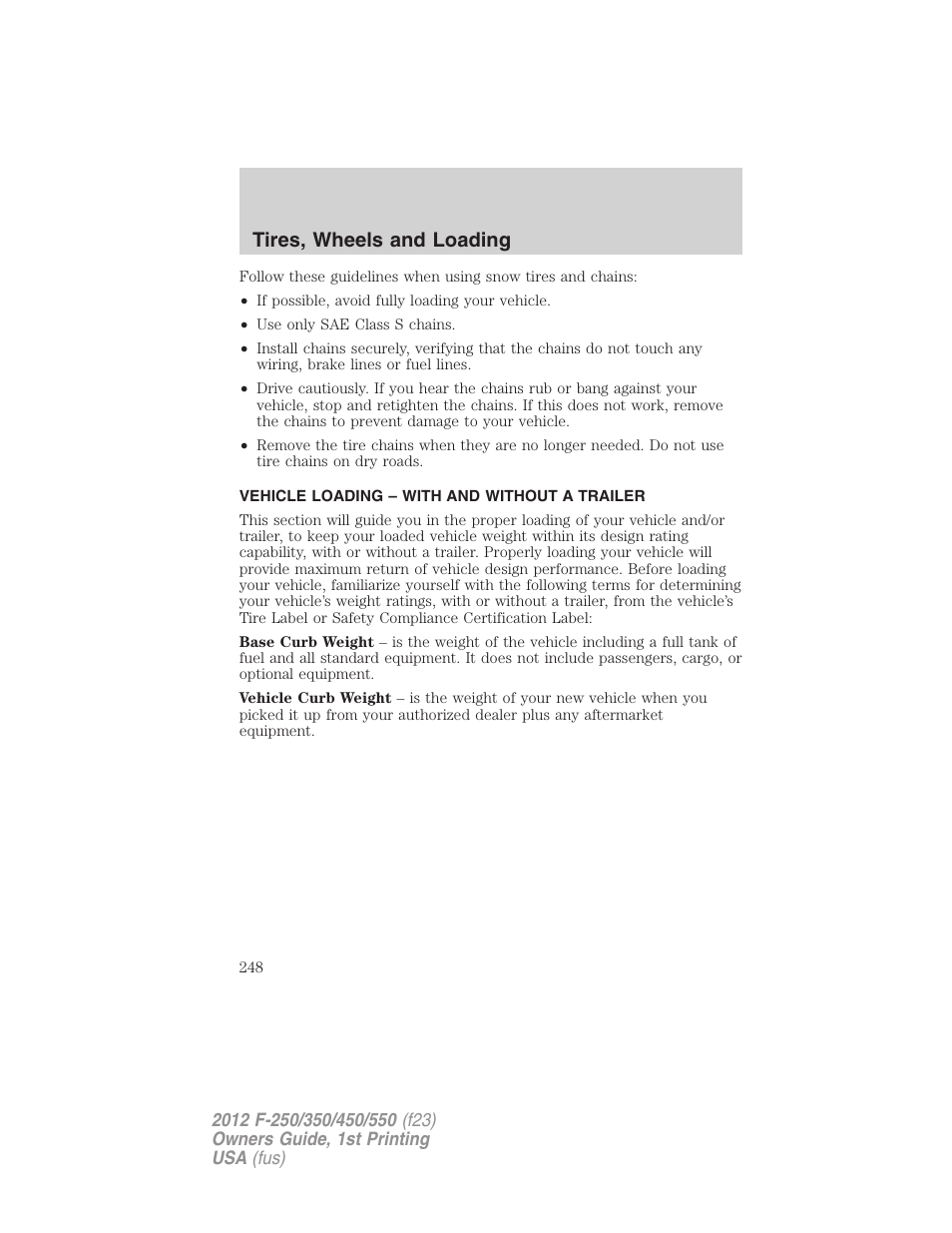 Vehicle loading – with and without a trailer, Vehicle loading, Tires, wheels and loading | FORD 2012 F-550 v.1 User Manual | Page 248 / 454