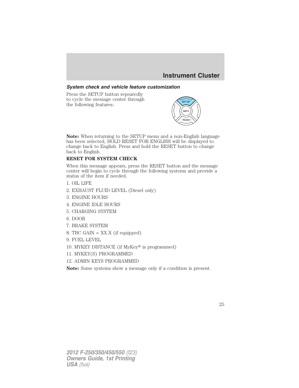 System check and vehicle feature customization, Instrument cluster | FORD 2012 F-550 v.1 User Manual | Page 25 / 454