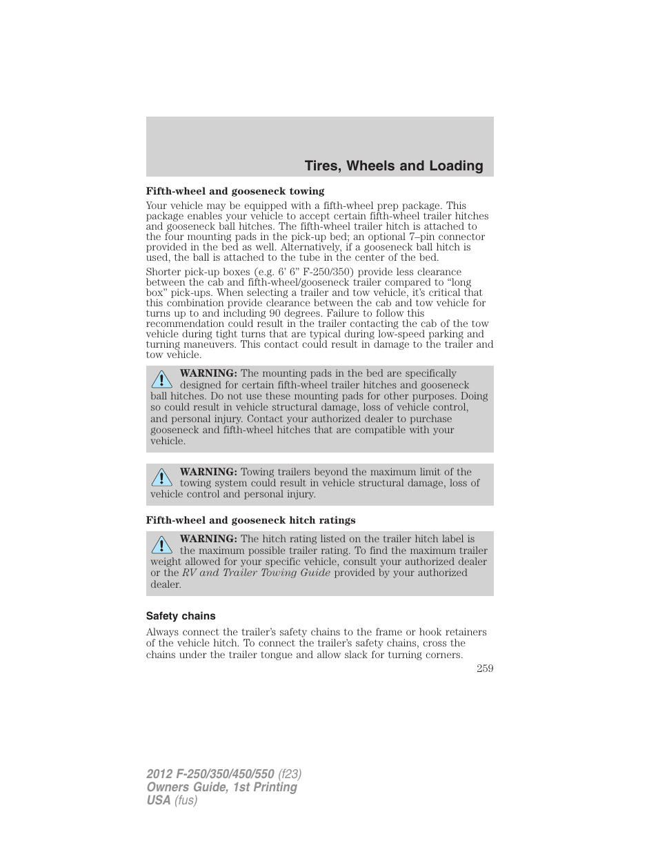 Safety chains, Tires, wheels and loading | FORD 2012 F-550 v.1 User Manual | Page 259 / 454