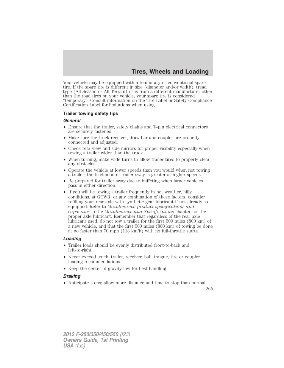 Trailer towing safety tips, General, Loading | Braking, Tires, wheels and loading | FORD 2012 F-550 v.1 User Manual | Page 265 / 454