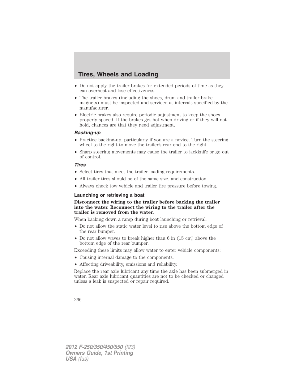 Backing-up, Tires, Launching or retrieving a boat | Tires, wheels and loading | FORD 2012 F-550 v.1 User Manual | Page 266 / 454