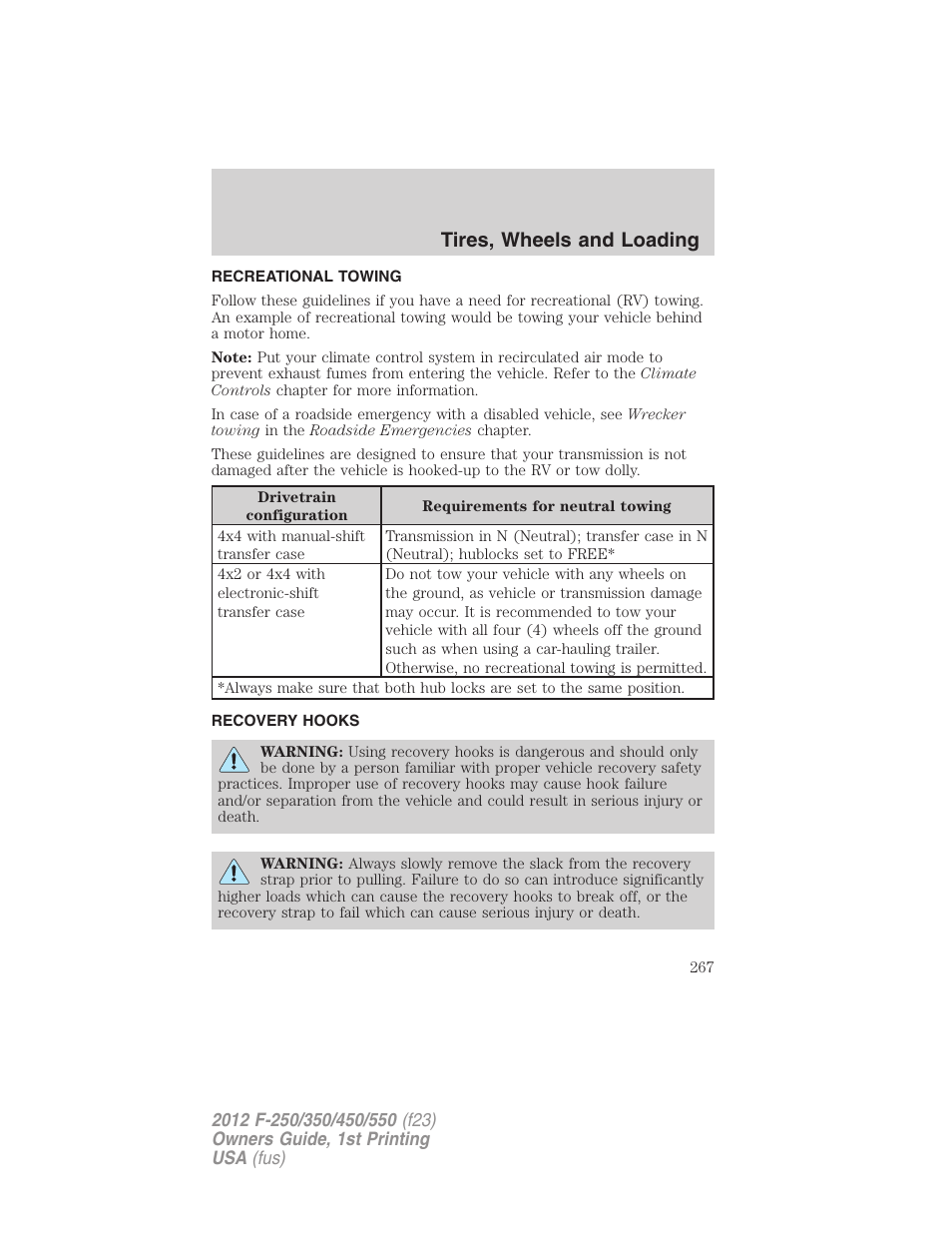Recreational towing, Recovery hooks, Tires, wheels and loading | FORD 2012 F-550 v.1 User Manual | Page 267 / 454