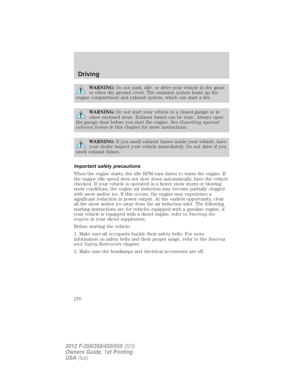 Important safety precautions, Driving | FORD 2012 F-550 v.1 User Manual | Page 270 / 454