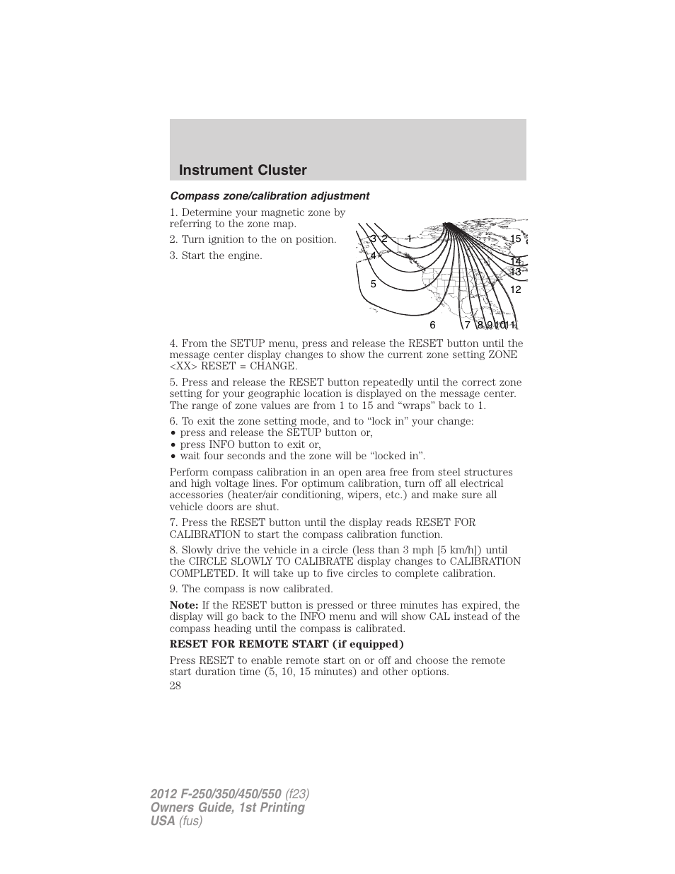 Compass zone/calibration adjustment, Instrument cluster | FORD 2012 F-550 v.1 User Manual | Page 28 / 454