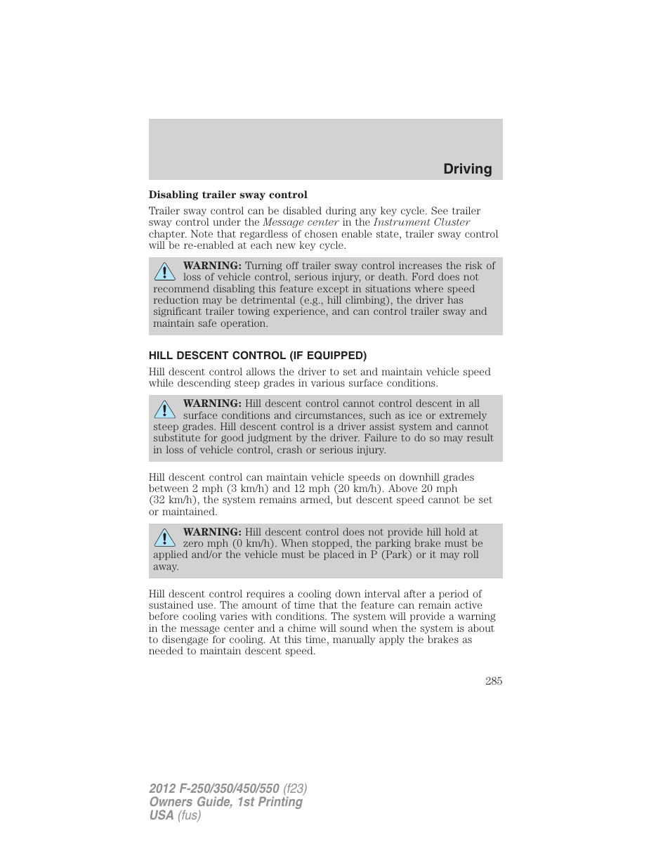 Hill descent control (if equipped), Hill descent control, Driving | FORD 2012 F-550 v.1 User Manual | Page 285 / 454