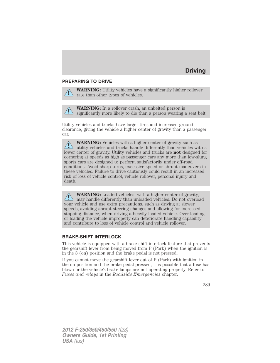 Preparing to drive, Brake-shift interlock, Driving | FORD 2012 F-550 v.1 User Manual | Page 289 / 454