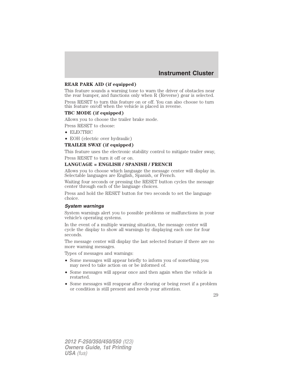 System warnings, Instrument cluster | FORD 2012 F-550 v.1 User Manual | Page 29 / 454