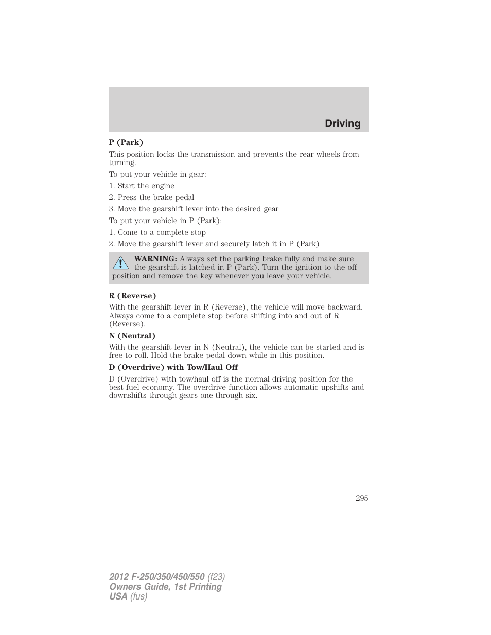 Driving | FORD 2012 F-550 v.1 User Manual | Page 295 / 454