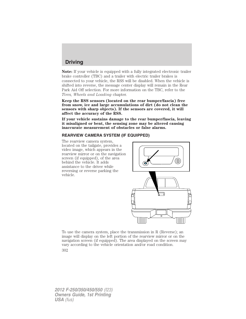 Rearview camera system (if equipped), Rear-view camera system, Driving | FORD 2012 F-550 v.1 User Manual | Page 302 / 454