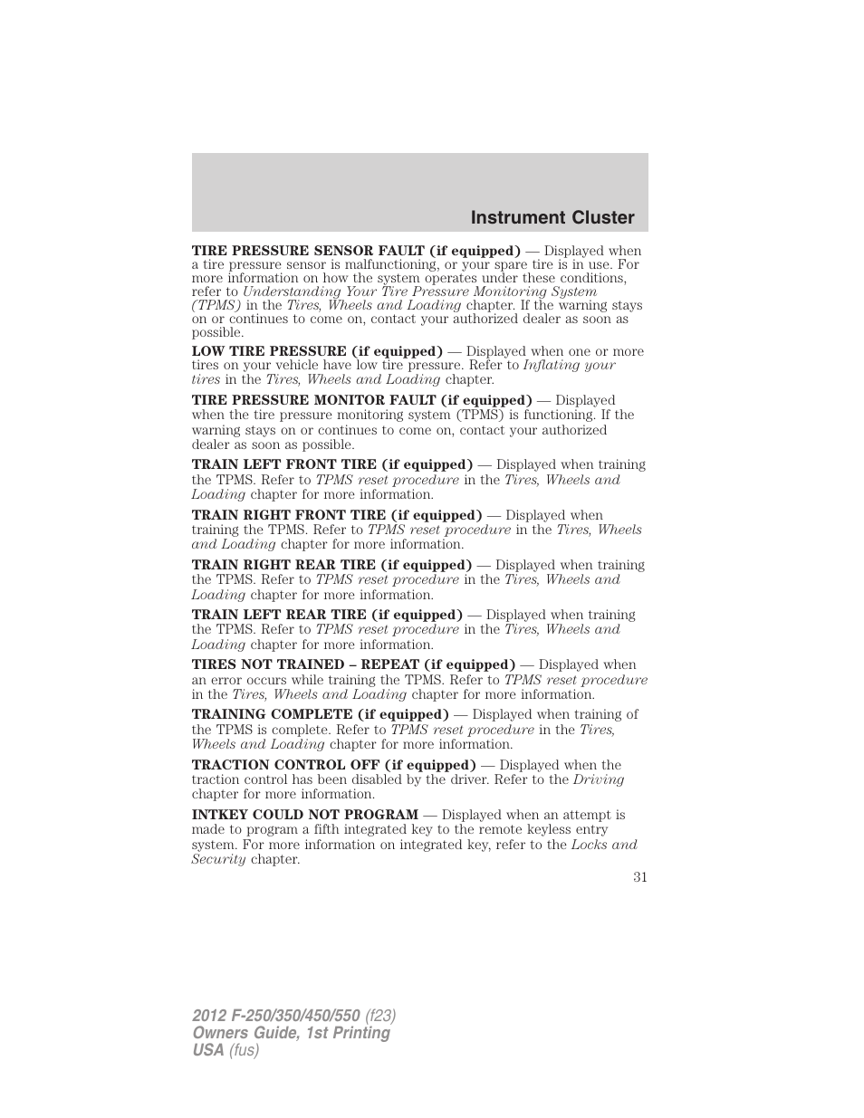 Instrument cluster | FORD 2012 F-550 v.1 User Manual | Page 31 / 454