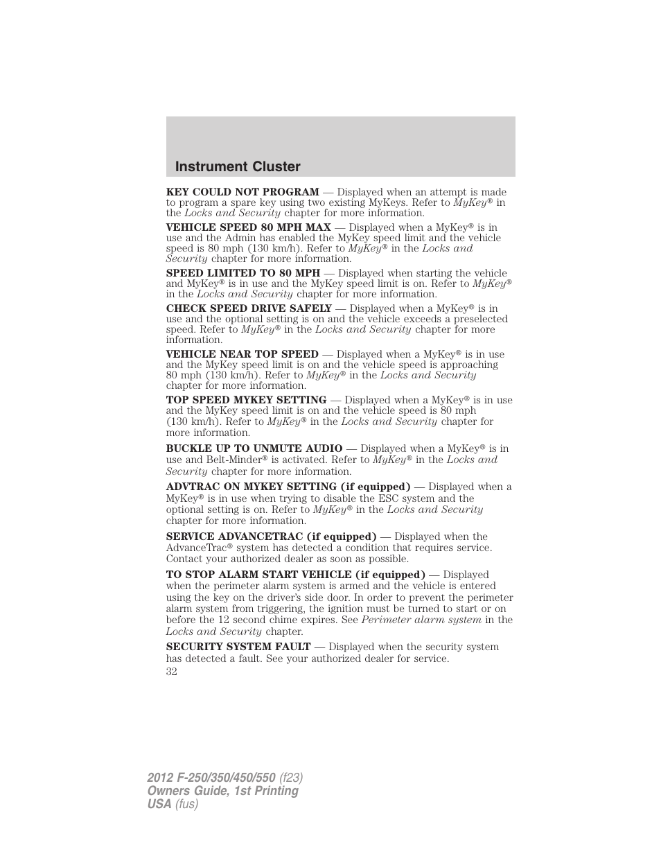 Instrument cluster | FORD 2012 F-550 v.1 User Manual | Page 32 / 454