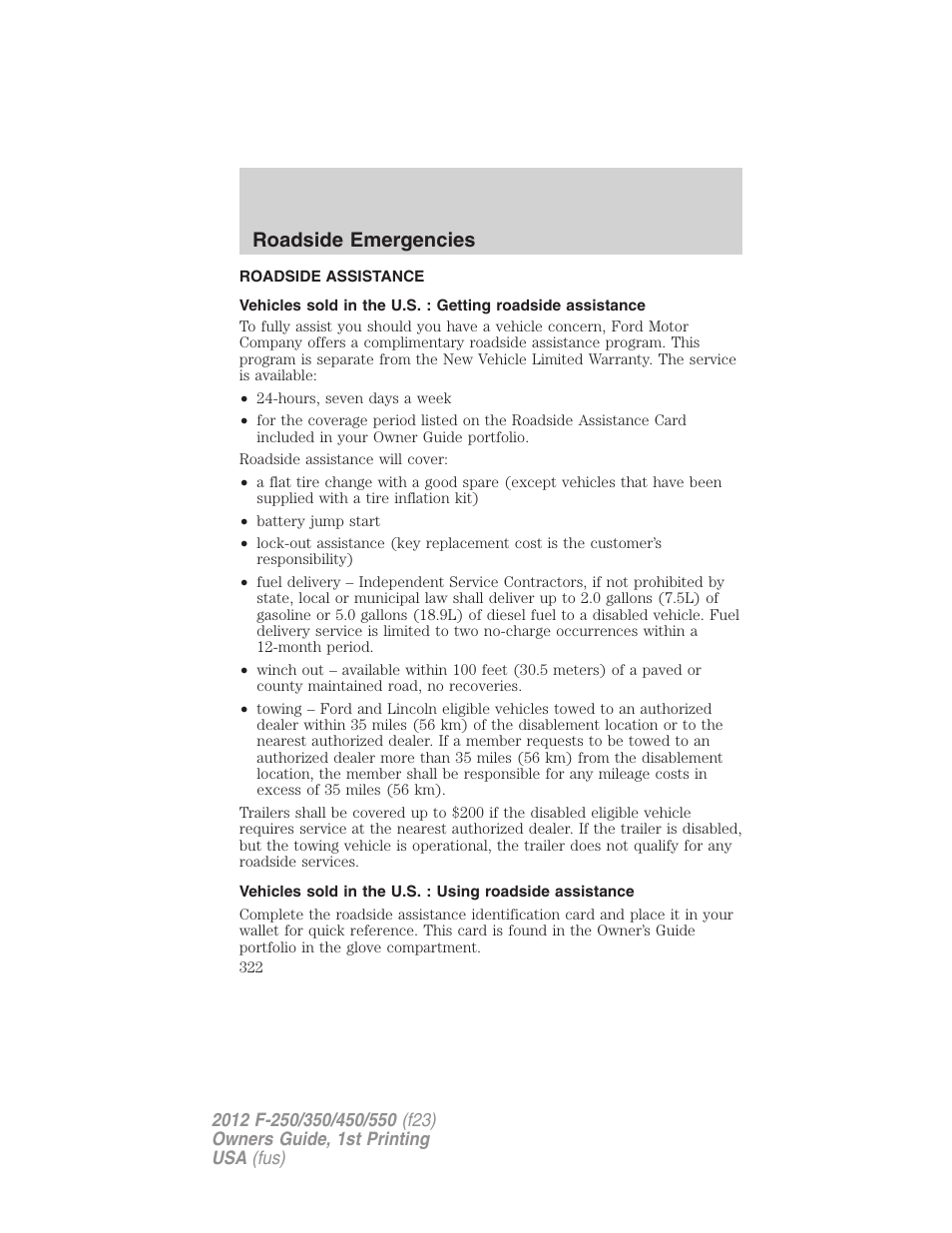 Roadside emergencies, Roadside assistance, Getting roadside assistance | FORD 2012 F-550 v.1 User Manual | Page 322 / 454