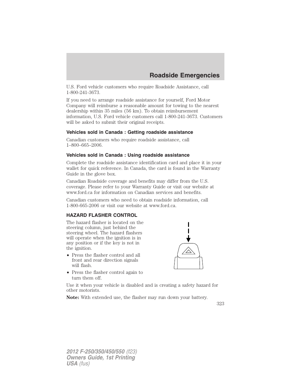Hazard flasher control, Roadside emergencies | FORD 2012 F-550 v.1 User Manual | Page 323 / 454