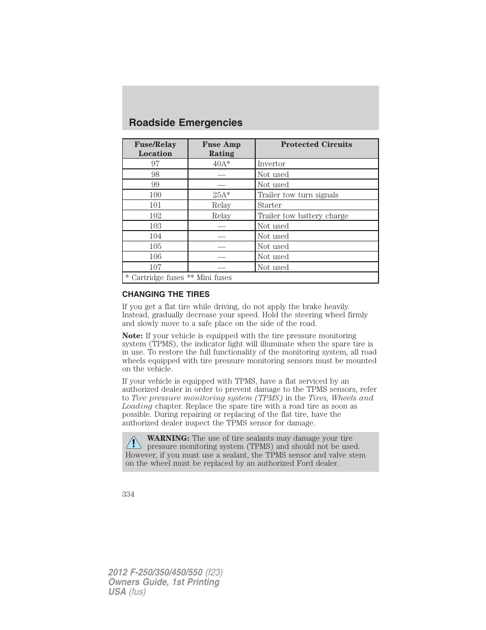 Changing the tires, Changing tires, Roadside emergencies | FORD 2012 F-550 v.1 User Manual | Page 334 / 454