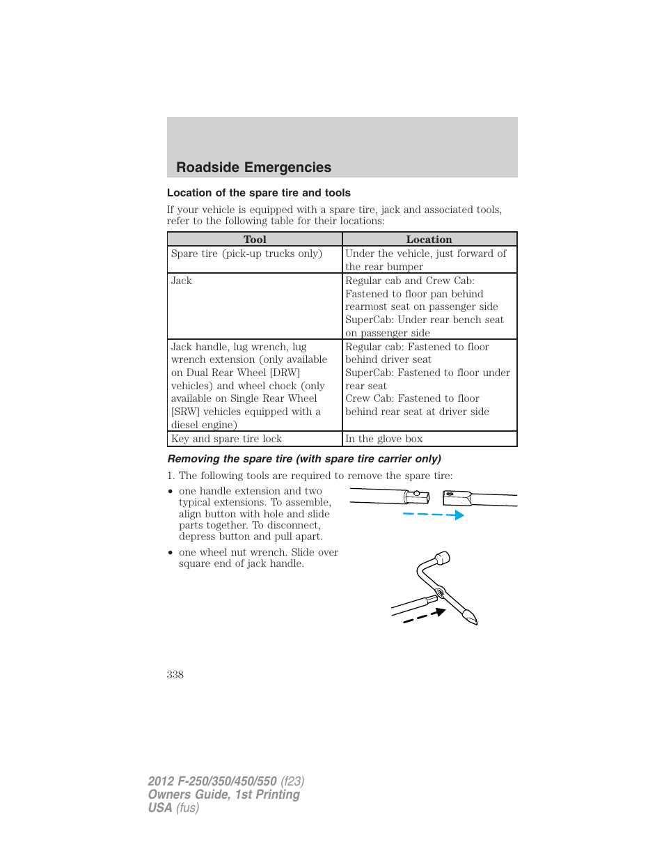 Location of the spare tire and tools, Roadside emergencies | FORD 2012 F-550 v.1 User Manual | Page 338 / 454